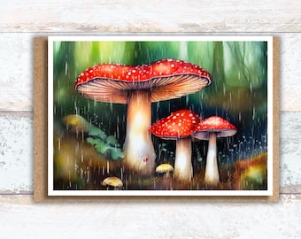 Red Mushrooms in the Forest Rain Watercolor Greeting Card, Mushroom in Wet Woods Writing Cards, Nature Lover Rainy Mushroom Note Cards