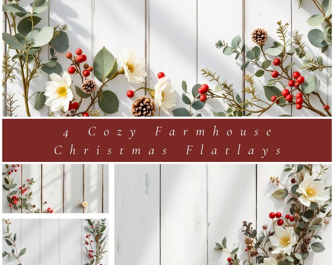 4 Christmas Flatlay Backgrounds, Cozy Farmhouse Style with White Wood + Bonus 5s Animated Video, Minimalist Holiday Mockups for Tags or Card