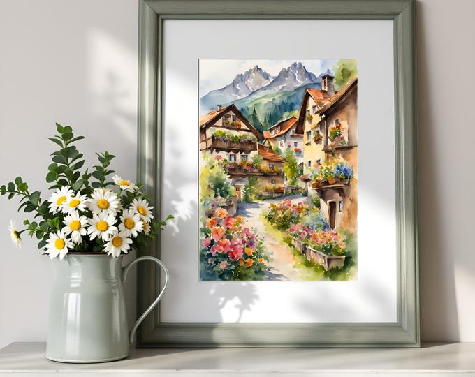 European Village Watercolor Art Print: Rustic Cottagecore Decor