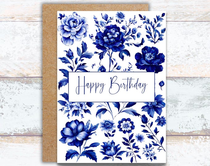 Blue Chinoiserie Floral Birthday Card, Elegant Vintage Botanical Greeting Card, Happy Birthday Card with Blue Peonies, Chinoiserie-Inspired
