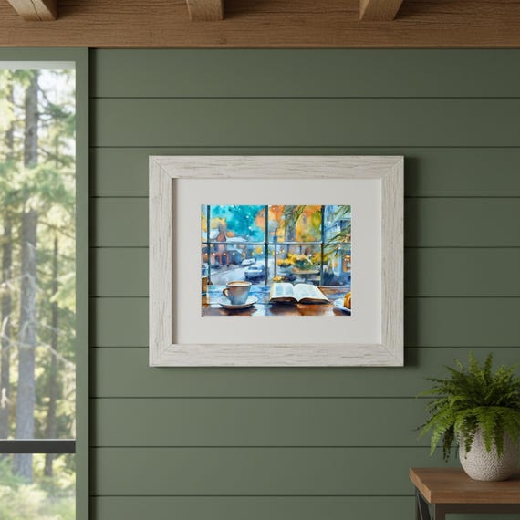 Rainy Day Coffee Shop Watercolor Art Print: Cozy Cafe Window View