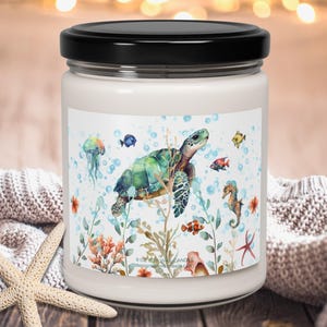 Sea Turtle Scented Soy Candle: Watercolor Under the Sea Design