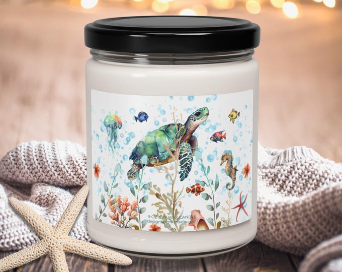Sea Turtle Scented Candle, Watercolor Under the Sea Soy Candle, Lover of Turtles Gift, Under the Sea Aquatic Mammals, Sea Horse Candle, Fish