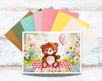First Birthday Card for Baby Girl, Woodland Bear Picnic Theme with Pink Balloon, Cute Bear Holding Ballon Birthday Card for 1 Year Old Girl