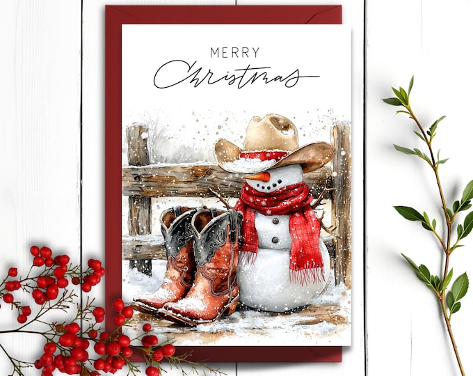 Featured listing image: Merry Christmas Cowboy Snowman Card: Western Holiday Greeting with Gift Tag