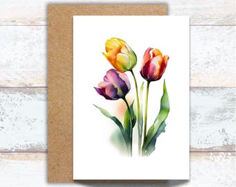 Tulip Watercolor Greeting Card, Pink and Yellow Tulip Stationery, Pretty Tulip Writing Cards, Spring Tulip Greeting, Pink Floral Note Cards