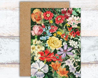 Vintage Botanical Garden Greeting Card, Watercolor Floral Writing Card, Colorful Flower Garden Stationery, Vintage Floral Note Cards for Her