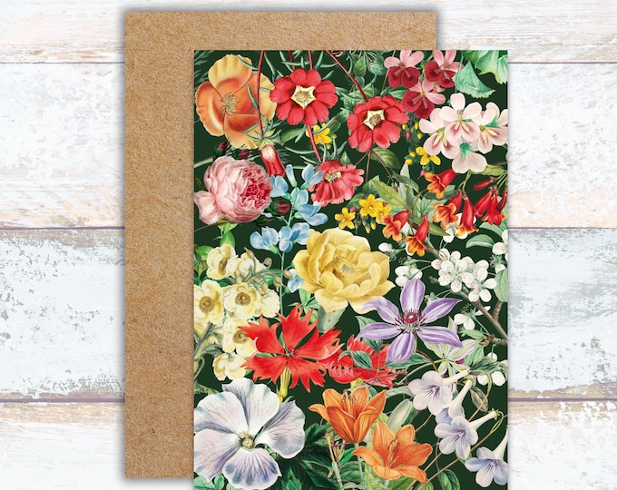 Vintage Botanical Garden Greeting Card, Watercolor Floral Writing Card, Colorful Flower Garden Stationery, Vintage Floral Note Cards for Her