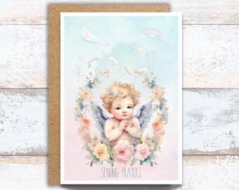Sending Prayers Angel Card – Sympathy Card with Matching Gift Tag, Floral Cherub Greeting for Comfort & Condolences, Christian Encouragement