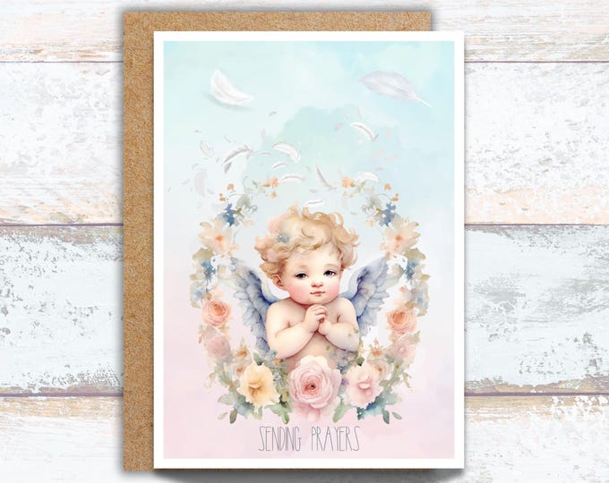 Sending Prayers Angel Card – Sympathy Card with Matching Gift Tag, Floral Cherub Greeting for Comfort & Condolences, Christian Encouragement
