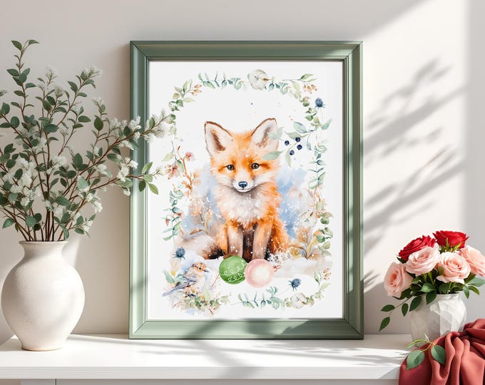 Christmas Fox Art Print: Rustic Woodland Holiday Decor
