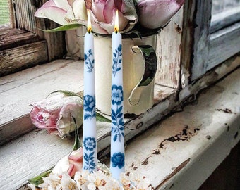 Vintage Floral Candle, Blue Vintage Botanical Candlesticks, Mother's Day Taper Candle, Shabby Chic Taper, Farmhouse Decor, Candle for Her