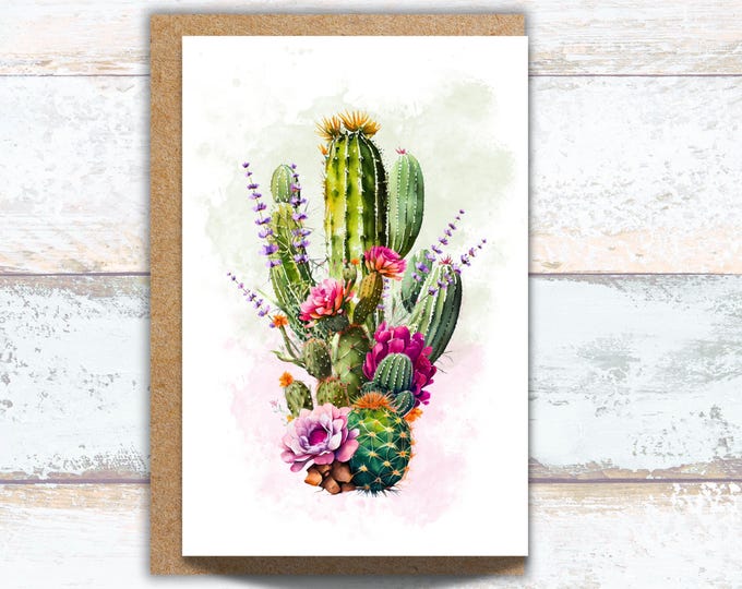 Arizona Saguaro and Pink Flowers Watercolor Greeting Card, Southwest Floral Cactus Writing Cards, Pretty Botanical Cactus Stationery For Her