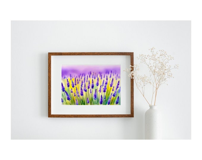 Lavender Fields Watercolor Wall Art Print, Purple Lavender Wall Decor, Purple Flowers Art, Lover of Lavender Flowers, Lavender Waves Print