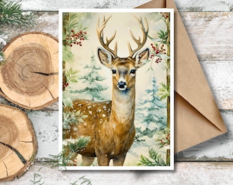 Winter Deer Greeting Card, Watercolor Deer Holiday Card, Vintage Winter Deer Scene, Christmas Deer Stationery, Deer in the Snow Writing Card