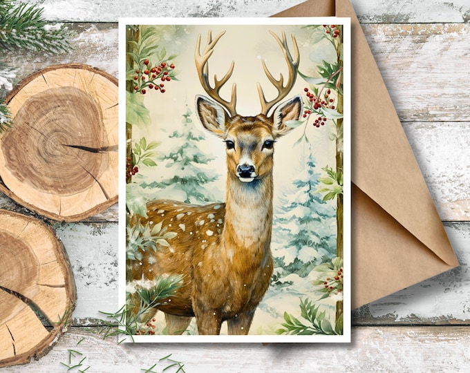 Winter Deer Greeting Card, Watercolor Deer Holiday Card, Vintage Winter Deer Scene, Christmas Deer Stationery, Deer in the Snow Writing Card