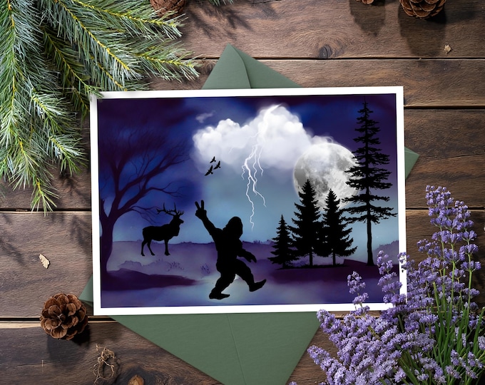 Bigfoot Peace Sign Greeting Card: Elk, Stormy Night Watercolor