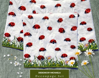 Red Ladybugs in Spring Flowers Decoupage Napkins for Crafting, Whimsical Ladybugs & Blooming Flowers Paper Napkins Perfect for DIY Projects