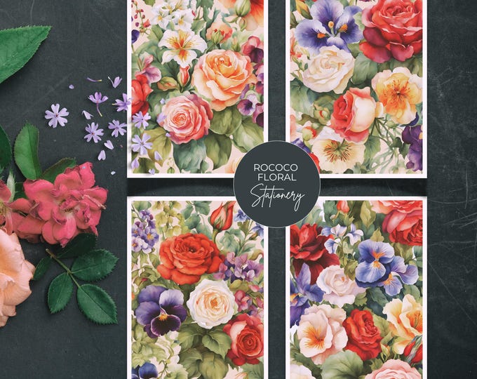 Vintage Inspired Floral Greeting Cards Set of 4, Luxurious Botanical Writing Cards for Her, Elegant Rococo Inspired Floral Stationery Gift