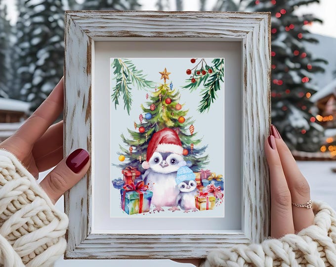 Watercolor Penguin Christmas Tree Art Print, Holiday Decor
