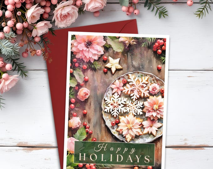 Christmas Cookie Greeting Card: Poinsettia & Berry Watercolor Design