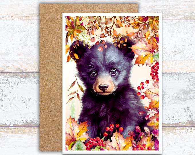 Baby Black Bear in Fall Leaves Greeting Card, Fall Foliage and Bear Watercolor Card, Baby Bear Enjoying the Fall Season, Cute Bear in Autumn