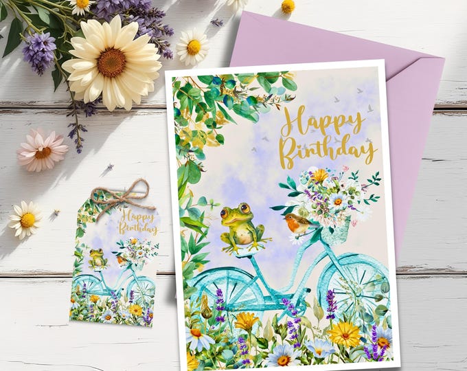 Watercolor Birthday Card with Frog and Floral Bike, Whimsical Garden Animals, Optional Matching Gift Tag, Cute Nature Birthday Stationery