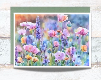 Field of Wildflowers Watercolor Greeting Card, Lover of Pastel Flowers Writing Cards, Pretty Pink and Purple Floral Stationery for Her