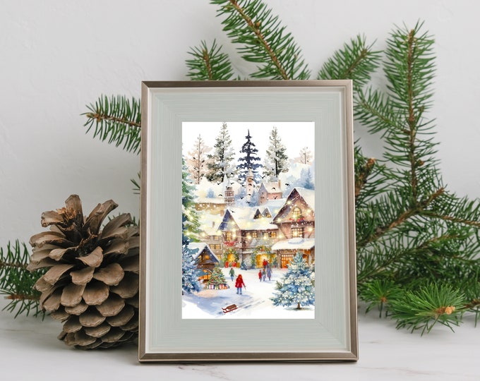 Christmas Market Holiday Art Print, Bavarian Holiday Market Wall Art, Watercolor Mountain Town Wall Art, Charming Snowy Christmas District