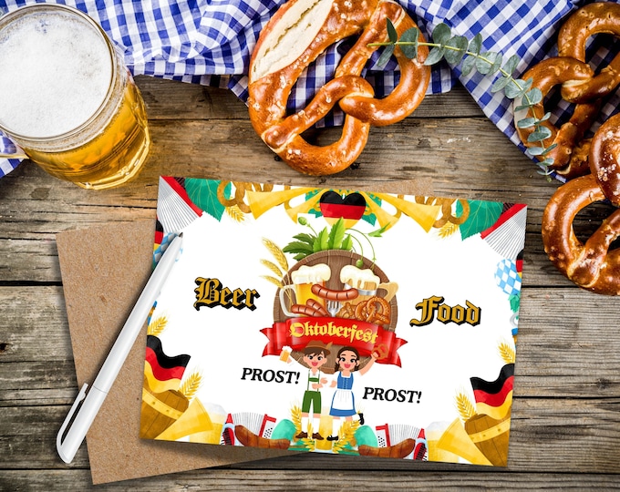 Oktoberfest Drinks and Food Celebration Greeting Card, German Okotberfest Prost Writing Card, German Lederhosen and Dirndl Dress Greeting