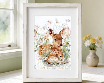 Woodland Deer Art Print: Baby Fawn Nursery Wall Decor with Wildflowers