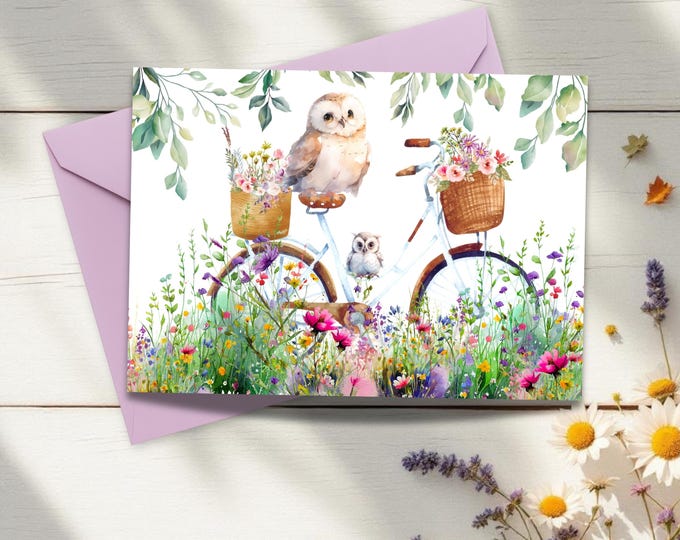 Watercolor Owls on Bicycle Card & Gift Tag Set: Spring Wildflowers