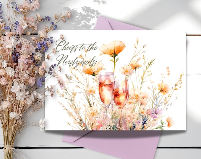 Watercolor Champagne Flutes Wedding Card: Boho Floral Newlyweds