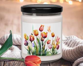 Bouquet of Tulips Scented Candle, Watercolor Tulip Flowers Soy Candle, April Birthday Flower Gift, Lover of Tulips Home Decor, Garden Tulips