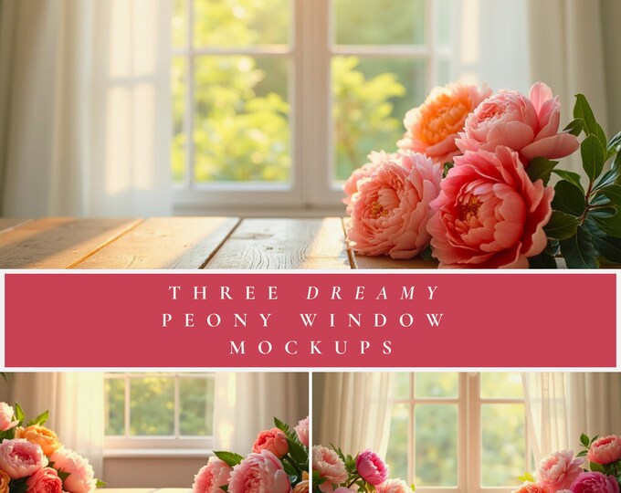 Three Dreamy Peony Window Mockups, Soft Light Floral Photography Backdrops for Candle Labels, Art Prints, Stationery & Product Display