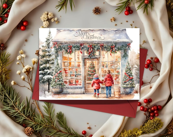 Nostalgic Christmas Storefront Card: Watercolor Holiday Window Shopping