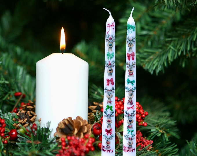 Be Merry Reindeer Christmas Taper Candles: Holiday Decor Set of 2 Festive Candlesticks