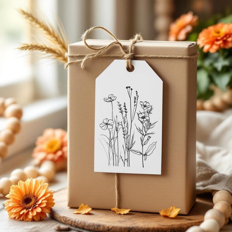 Botanical Gift Tags: Wildflower Line Art, Rustic Kraft String (Set of 8) bild 3