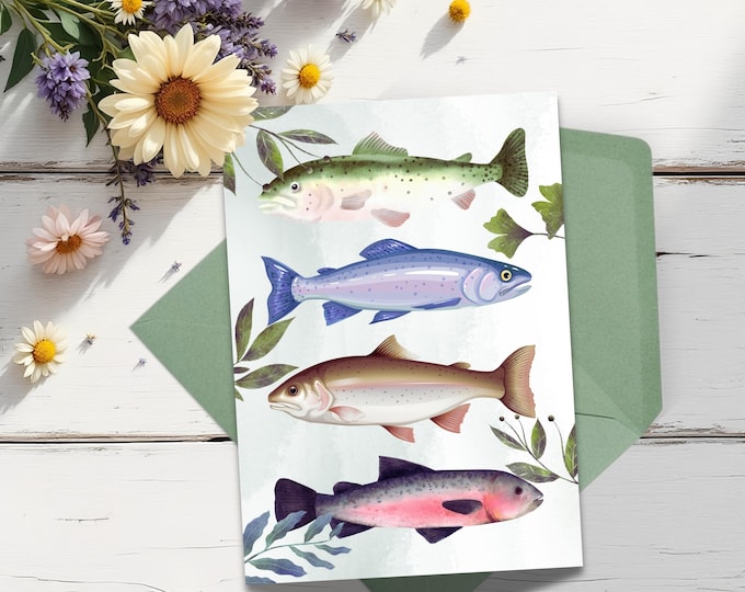 Rainbow Trout Watercolor Greeting Card, Colorful Fish Writing Cards, Lake Life Stationery, Pretty Trout Thank You Card, Lover of Trout Card