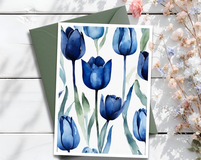Blue Tulips Watercolor Greeting Card: Elegant Floral Stationery for Birthdays and Thank You's