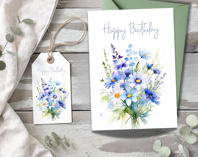 Blue Wildflower Watercolor Birthday Card with Matching Gift Tag, Blank Inside Floral Greeting Card with Envelope Choice, Elegant Stationery