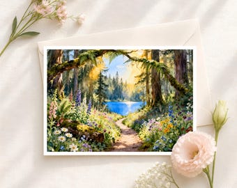 Forest Path to the Lake Greeting Card: Hidden Woodland Wildflower Trail