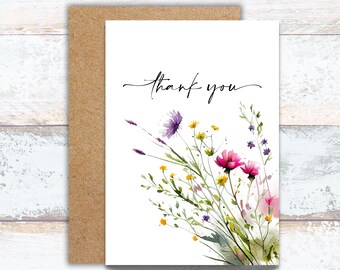 Wildflowers Thank You Card, Pink Floral Thank You Stationery, Watercolor Botanical Writing Cards, Thank You Floral Greeting Cards, For Her
