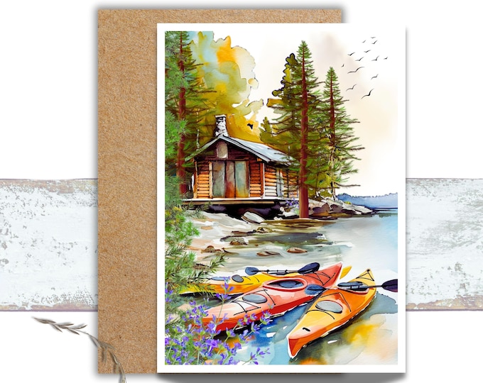 Kayaks on a Forested Lake Rustic Watercolor Greeting Card, Colorful Kayaks on Waterfront Writing Cards, Lover of Boating Greeting Card