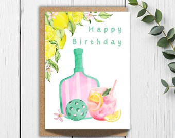 Pickleball Birthday Card: Watercolor Paddle & Pink Lemonade
