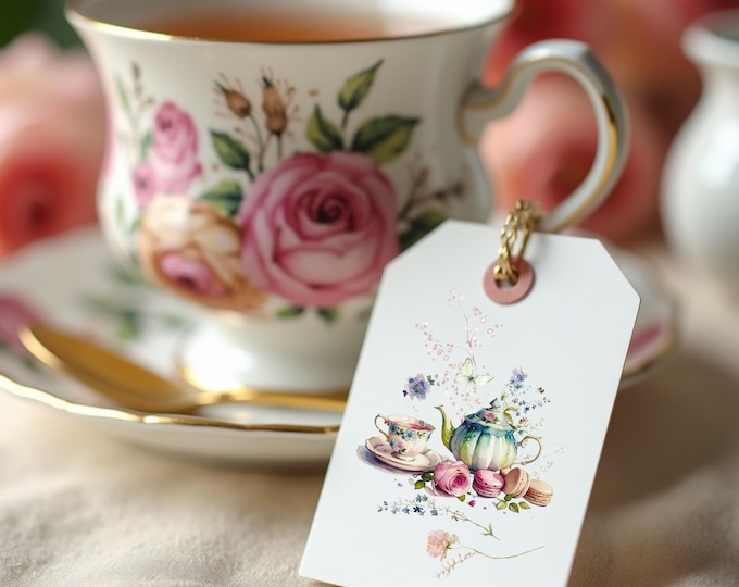 Tea Party Gift Tags Printable, Vintage Floral Teacups & Sweets, Digital Tag Set for Shower Favors, Cupcake Boxes, Bridal Tea Party Gift Tags