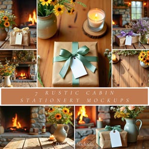 Lot de maquettes de cabine rustique, maquettes d'automne à plat avec cheminée, étiquette cadeau et scène de carte pour les designers Canva, Etsy, papeterie et tags