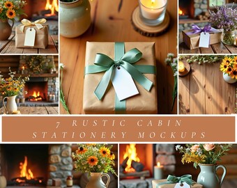 Rustic Cabin Mockup Bundle, Fall Flat Lay Mockups with Fireplace, Gift Tag and Card Scene for Canva, Etsy, Stationery, and Tag Designers