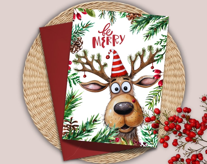 Watercolor Reindeer Christmas Card: Goofy Rudolph Holiday Greeting