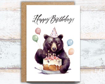 Black Bear Birthday Card, Watercolor Bear Birthday Greeting, Funny Bear and Cake, Balloons and Black Bear Card, Birthday Hat on a Bear Card